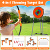 4-in-1 throwing target set featuring a bristle target, 3 axes, darts, a bow, and arrows for indoor and outdoor fun.