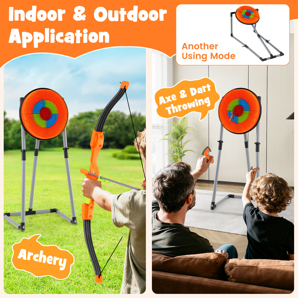 4 in 1 throwing target set featuring a bristle target, axes, darts, and bow for indoor and outdoor fun.
