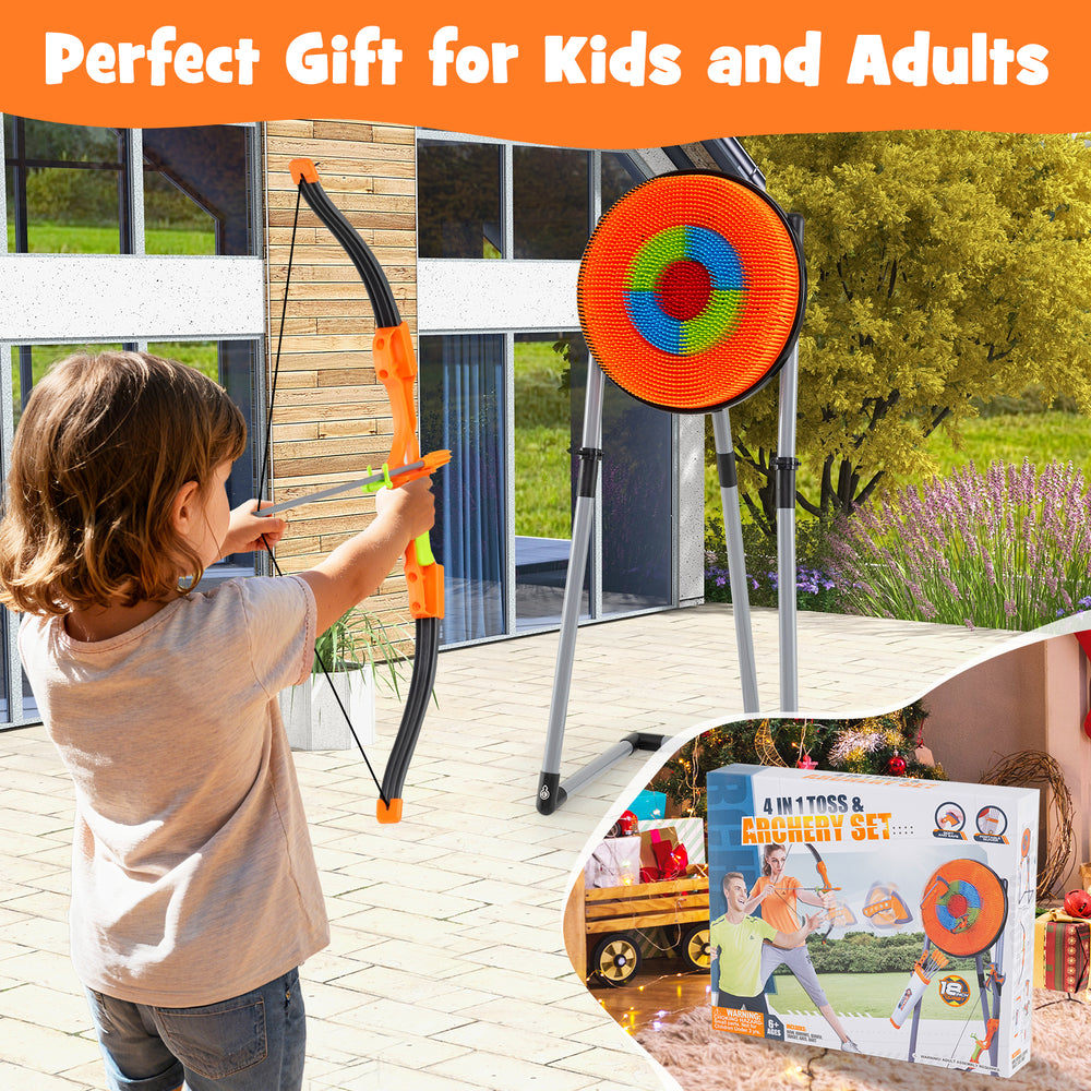 Child aiming at a bristle target with a bow from the 4 in 1 Throwing Target Set, perfect for indoor and outdoor play.