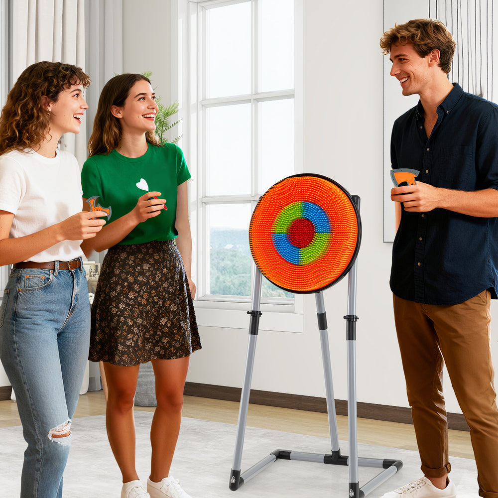 Colorful bristle target with throwing axes and darts, designed for kids' accuracy practice and indoor/outdoor fun.