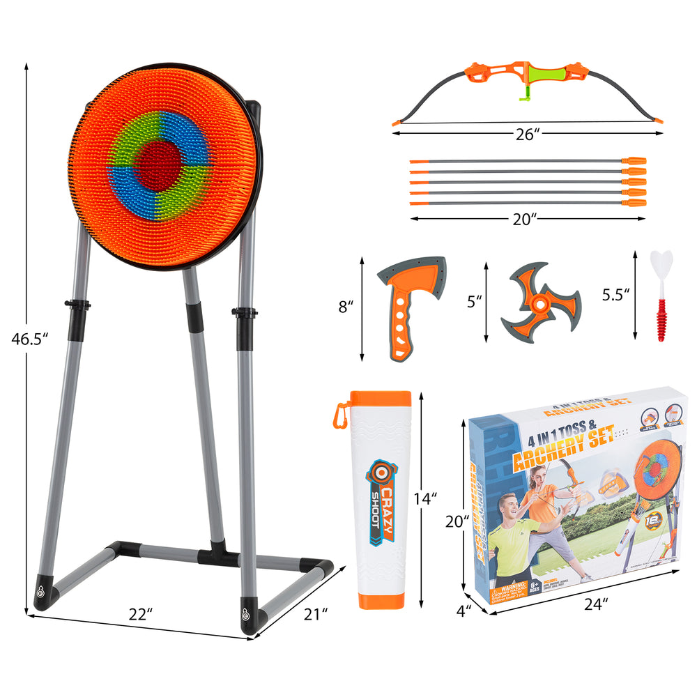 Bristle target set with 3 throwing axes, darts, bow, and arrows for kids, suitable for indoor and outdoor play.