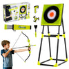Kids throwing game set featuring a bristle target, bow, axes, and darts for indoor and outdoor fun.