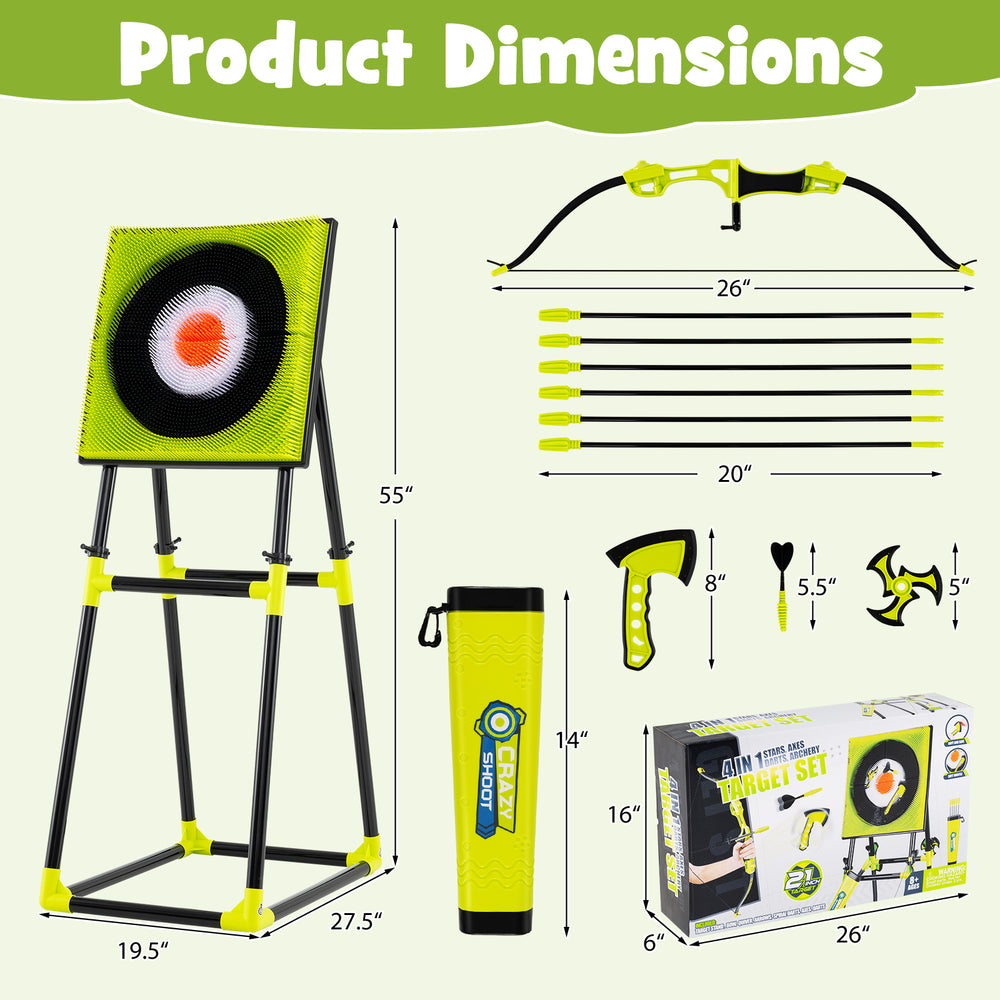 Bristle target with throwing axes, darts, and bow set, designed for kids' accuracy practice and outdoor fun.