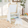 Toddler activity table set featuring a magnetic whiteboard and chalkboard, with storage and rolling wheels for easy.