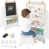 Toddler using the 4-in-1 activity table set with magnetic whiteboard and chalkboard, featuring storage and adjustable.