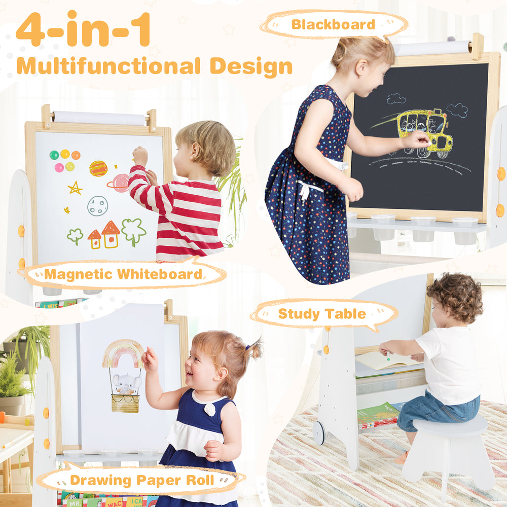 4-in-1 toddler activity table set featuring a magnetic whiteboard, blackboard, and drawing paper roll for creative play.