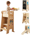 Toddler tower with chalkboard and slide shown beside a child at the kitchen counter, with Montessori games and adjustable height.