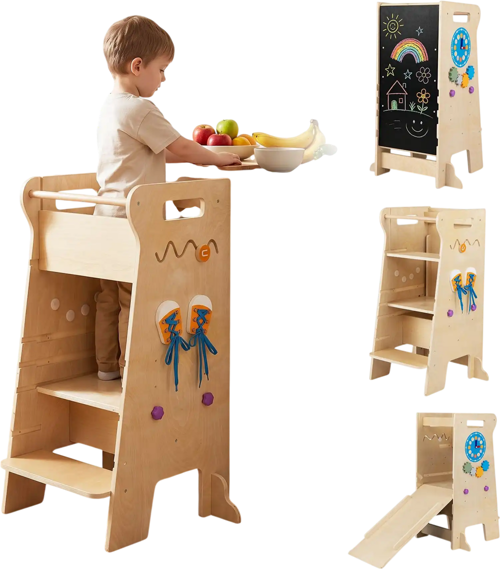 Toddler tower with chalkboard and slide shown beside a child at the kitchen counter, with Montessori games and adjustable height.