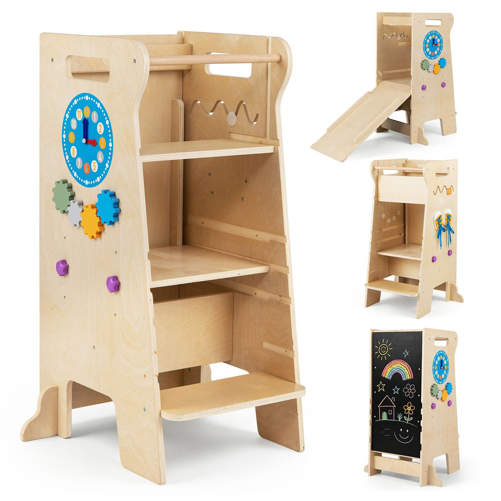 4-in-1 toddler tower with chalkboard, slide, and Montessori games, shown from front and side with adjustable platform.