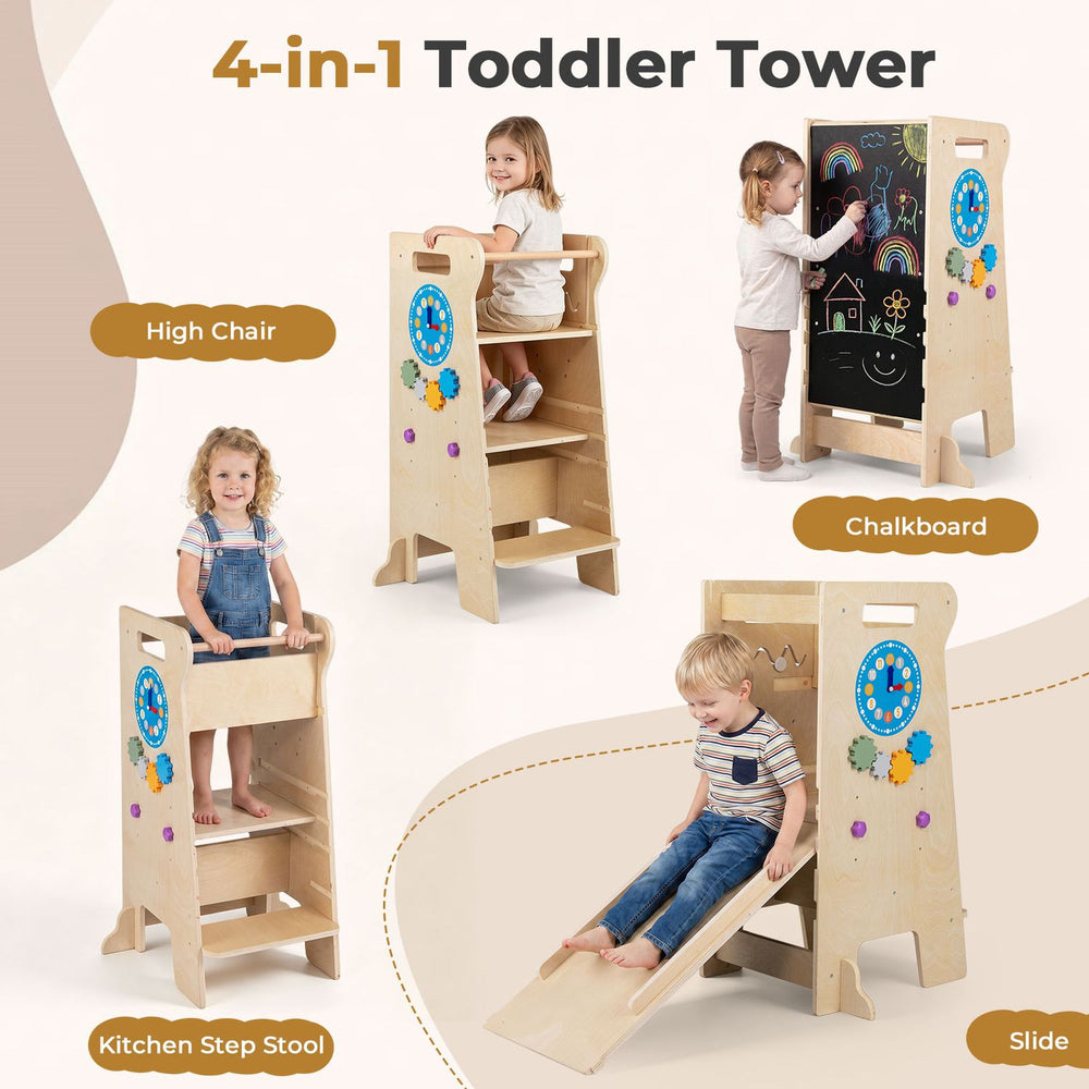 4-in-1 toddler tower with chalkboard and Montessori games shown as a kitchen step stool with a child standing.