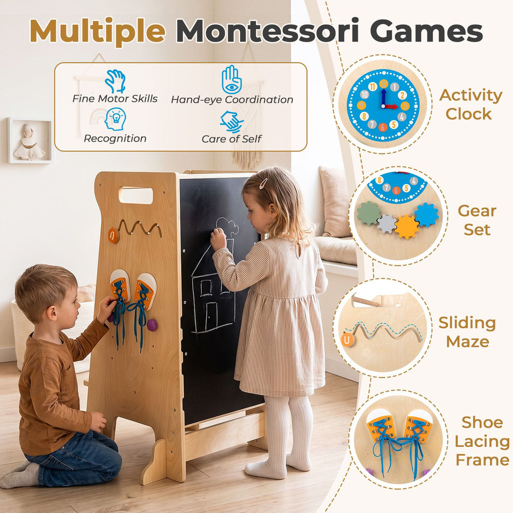 Child uses the adjustable toddler tower with Montessori games, chalkboard slide, and safety board in a kitchen setting.