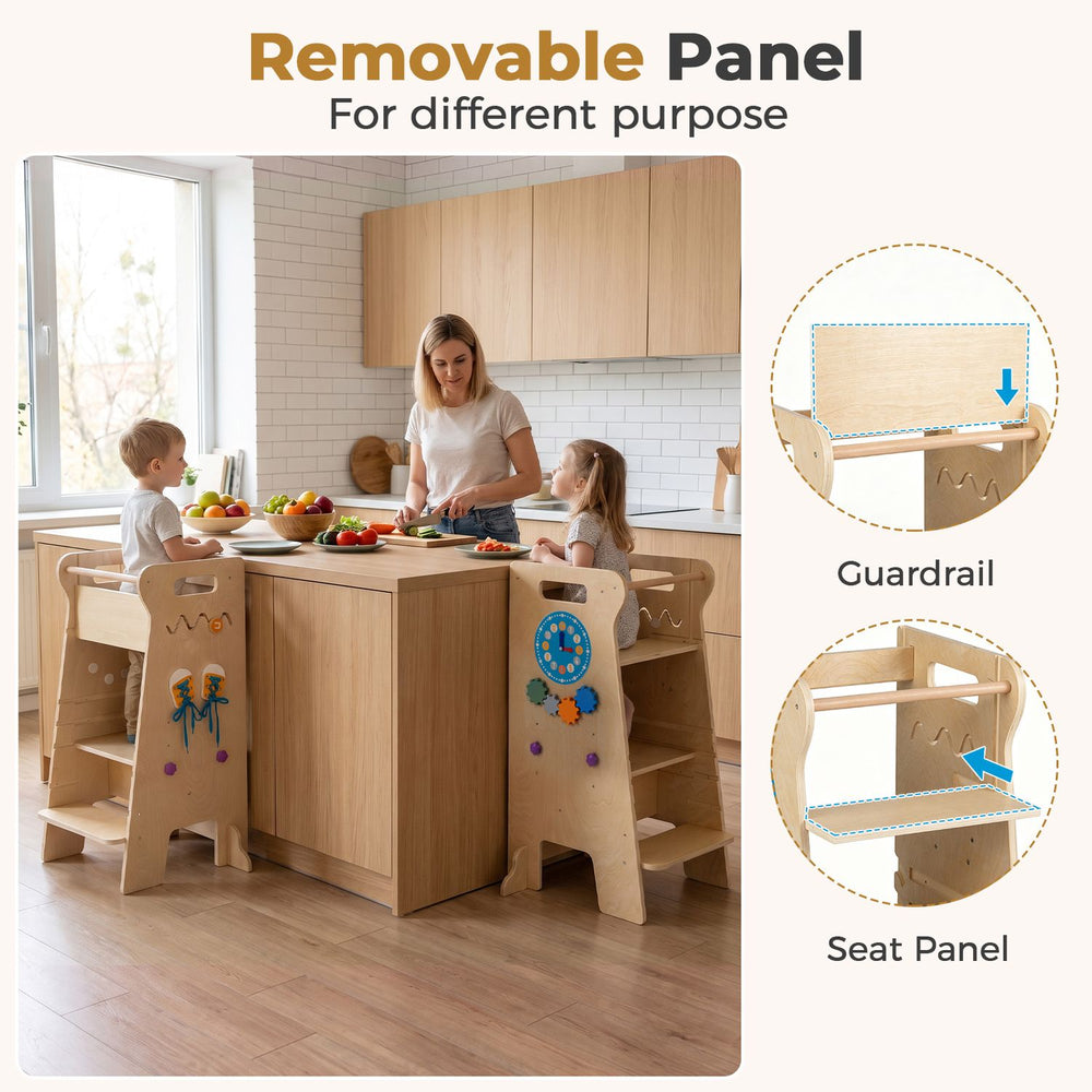 Toddler tower with adjustable height and removable safety board shown as a kitchen helper with guardrail and seat panel.