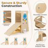 Adjustable toddler tower with chalkboard, slide, and Montessori games, featuring a safety handrail and reinforced support feet.