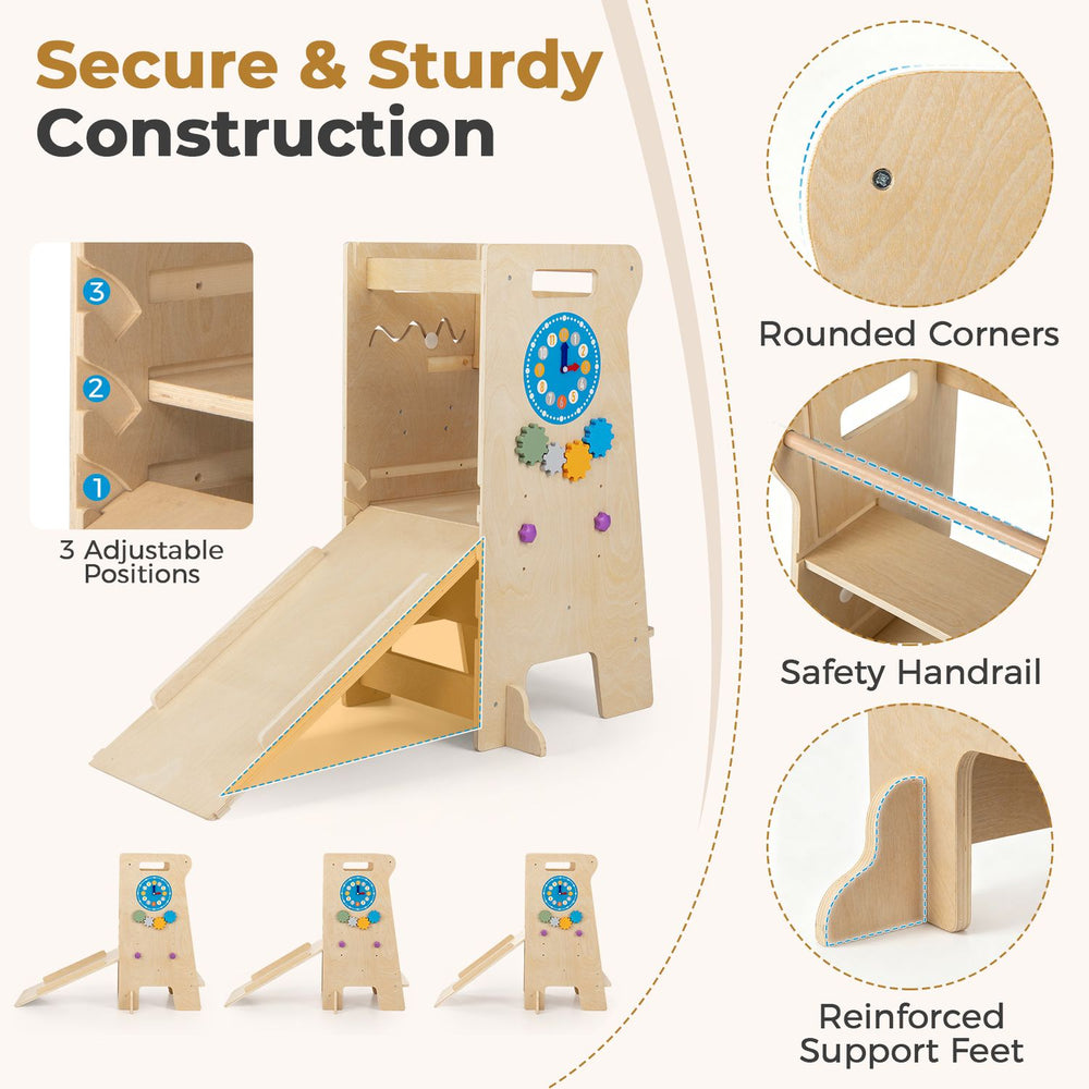 Adjustable toddler tower with chalkboard, slide, and Montessori games, featuring a safety handrail and reinforced support feet.