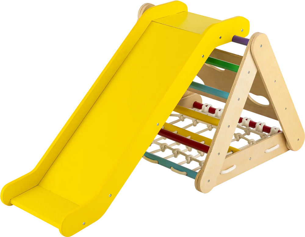 Yellow 4 in 1 Triangle Climber Toy with sliding board and climbing net, perfect for indoor and outdoor play.