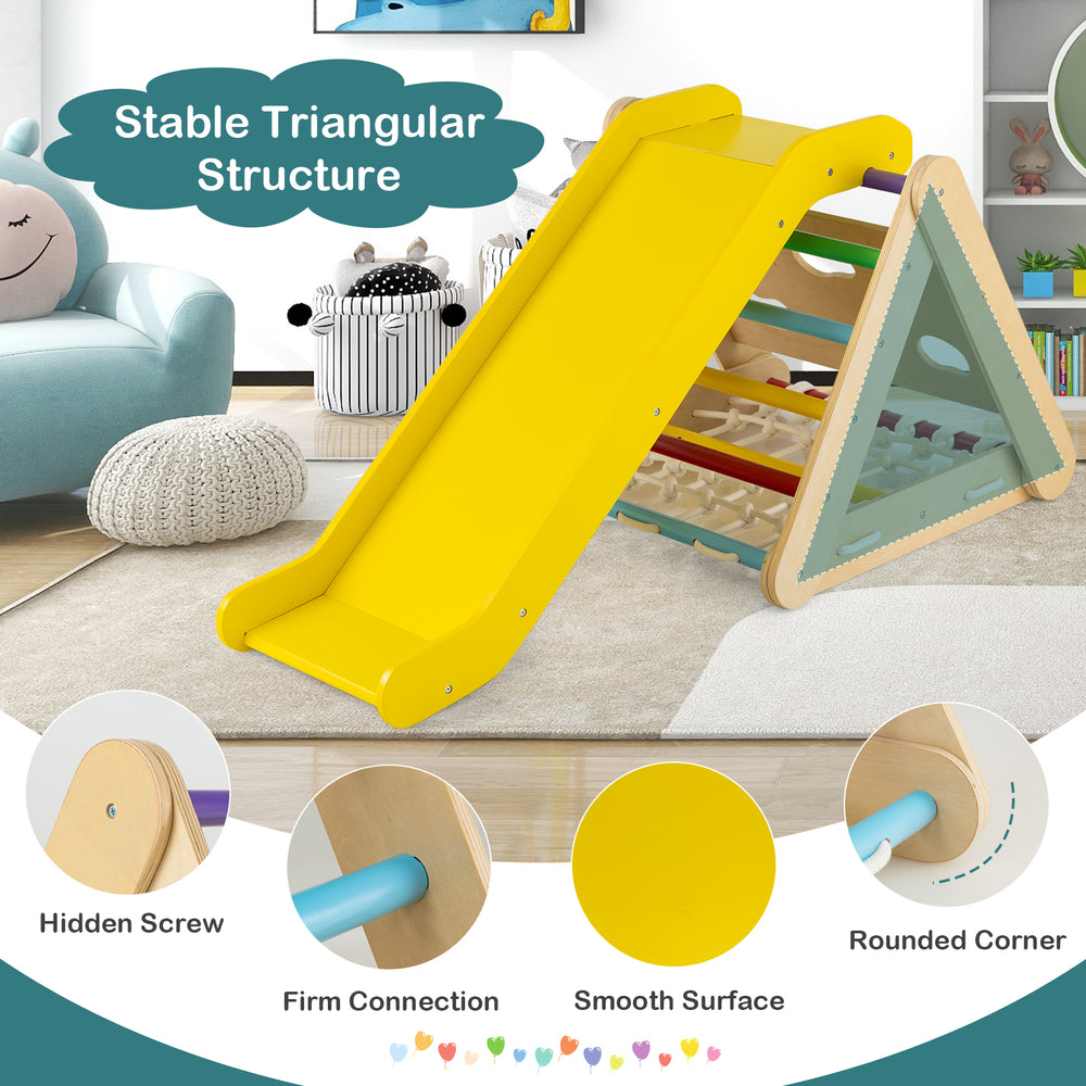 Yellow 4 in 1 triangle climber toy with sliding board, featuring smooth edges and safe natural wood for indoor play.
