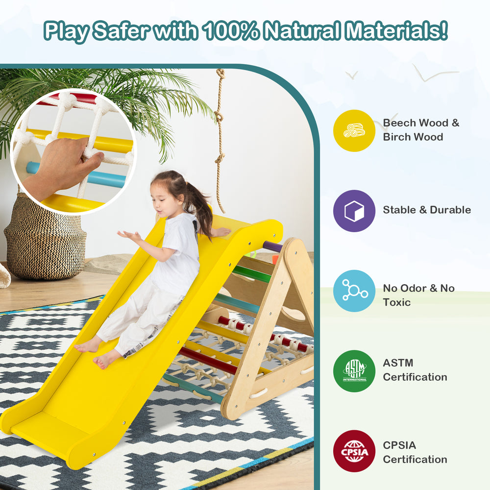 Multicolor 4 in 1 triangle climber toy with sliding board, made of natural wood, perfect for safe indoor play.