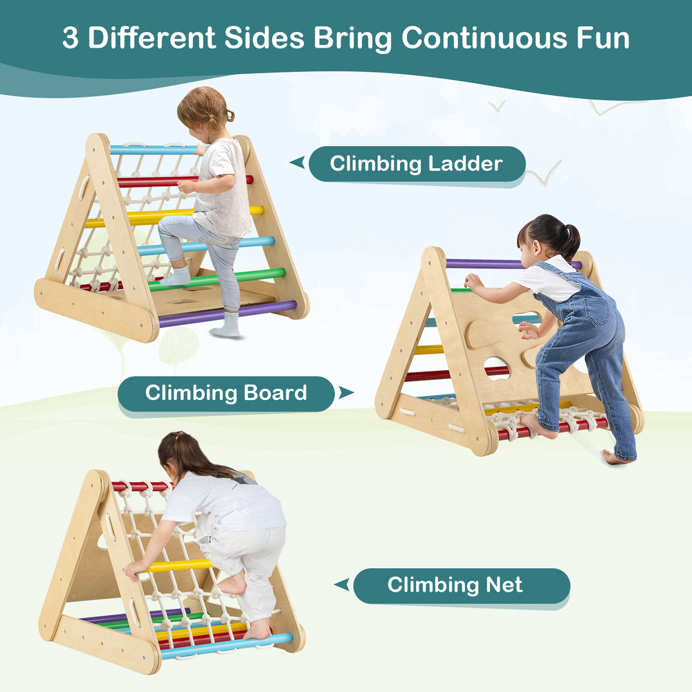 Triangle climber toy with climbing ladder, board, and net in multicolor, ideal for safe indoor and outdoor play.
