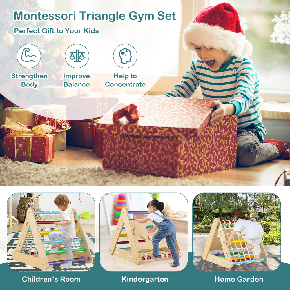 4 in 1 Triangle Climber Toy with sliding board and climbing net in multicolor, perfect for children's playrooms and.