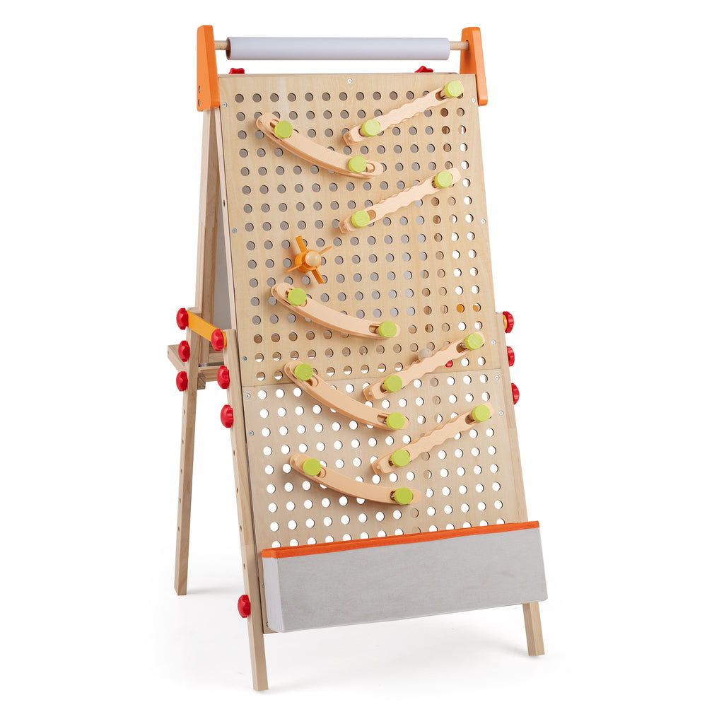 4-in-1 wooden kids art easel featuring a marble run, adjustable height, and storage tray for creative play.