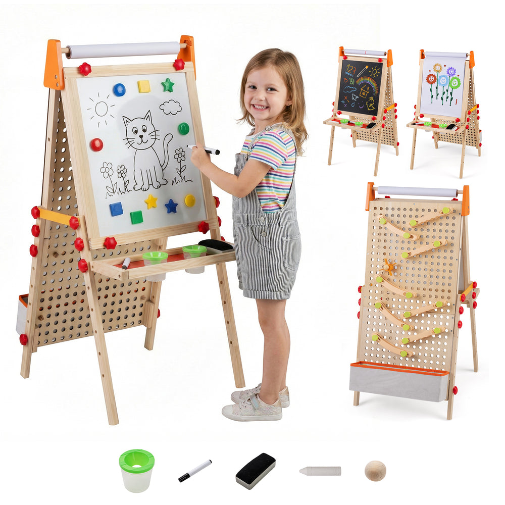 Kids art easel featuring a double-sided chalkboard and magnetic whiteboard, with adjustable height and storage tray for.