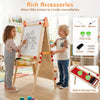 Double-sided wooden kids art easel with paper roll, adjustable height, and built-in storage tray for creative play.
