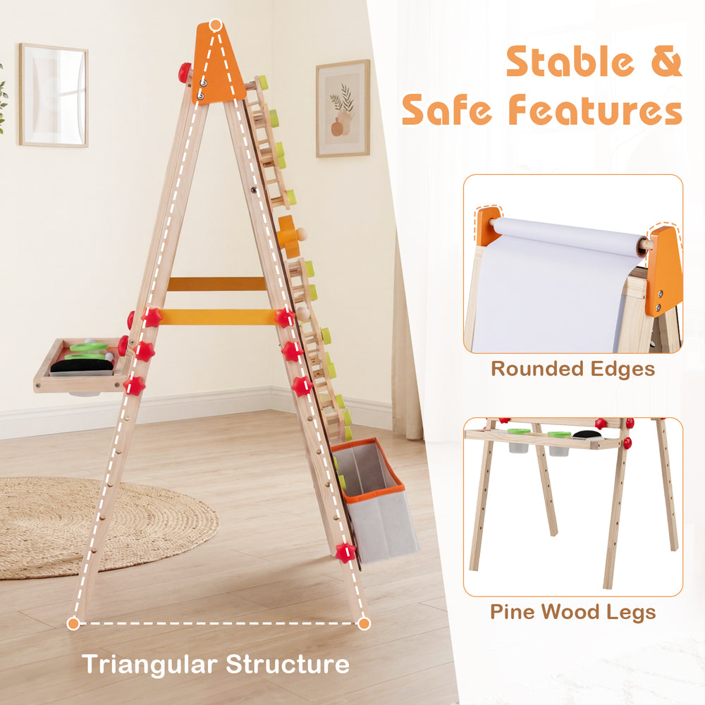 Double-sided wooden kids art easel with adjustable height, paper roll, and storage tray for creative play and safe use.