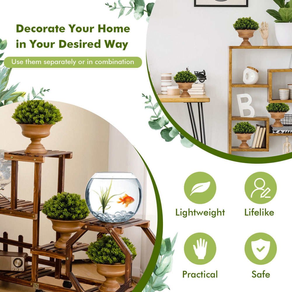 Four pack of artificial boxwood topiary trees in golden pots, perfect for home or office decoration, lightweight and.
