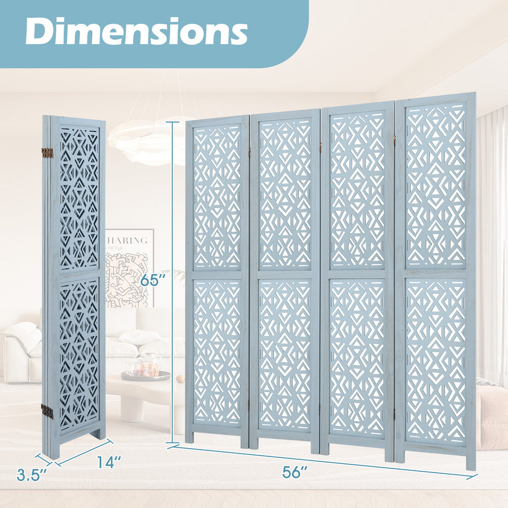 4-panel wooden room divider with carved cutout pattern, measuring 65 inches tall and 56 inches wide, ideal for flexible.
