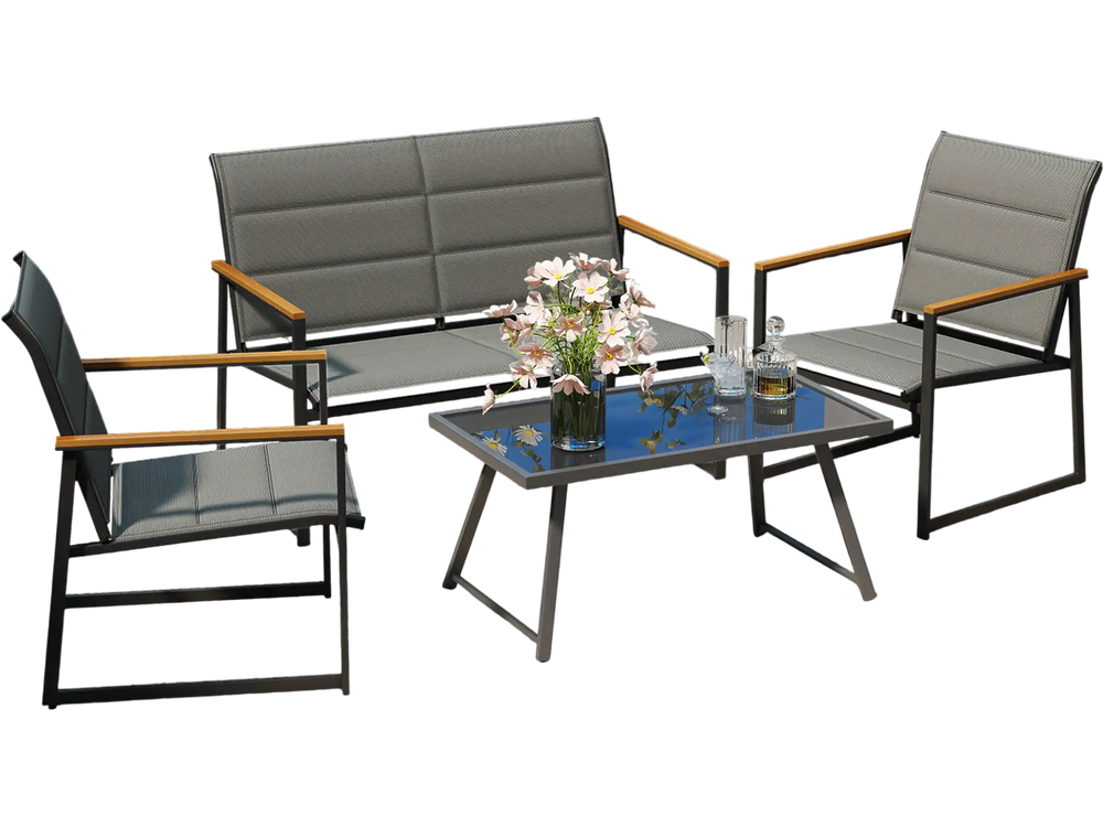 4-piece gray outdoor conversation patio furniture set with loveseat, armchairs, and coffee table for backyard.