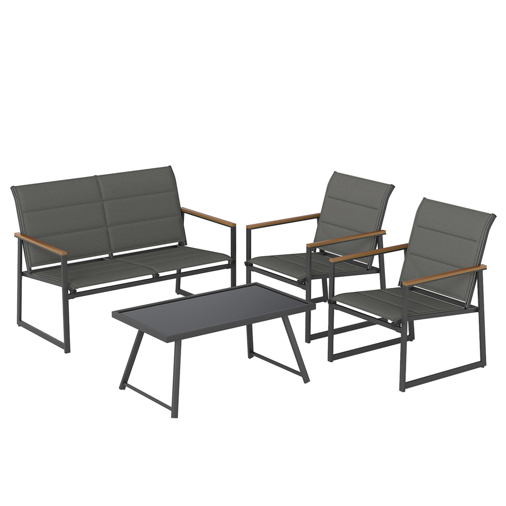 4-piece gray outdoor conversation patio furniture set with loveseat, two armchairs, and a rectangle coffee table.