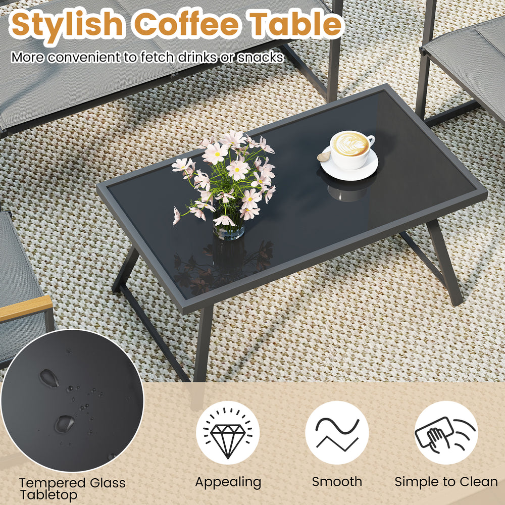 Rectangle coffee table with tempered glass tabletop, part of a 4-piece gray outdoor patio furniture set for versatile.