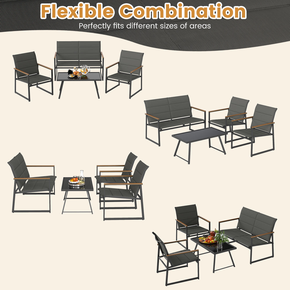 4-piece gray outdoor conversation patio furniture set with loveseat, armchairs, and coffee table for versatile layouts.