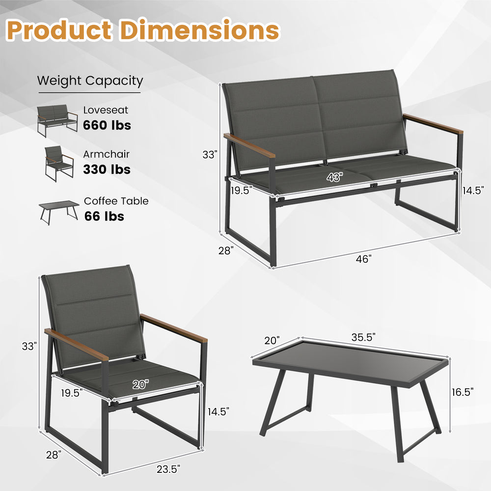 Dimensions of the 4-piece outdoor patio furniture set, including loveseat, armchairs, and coffee table for versatile.