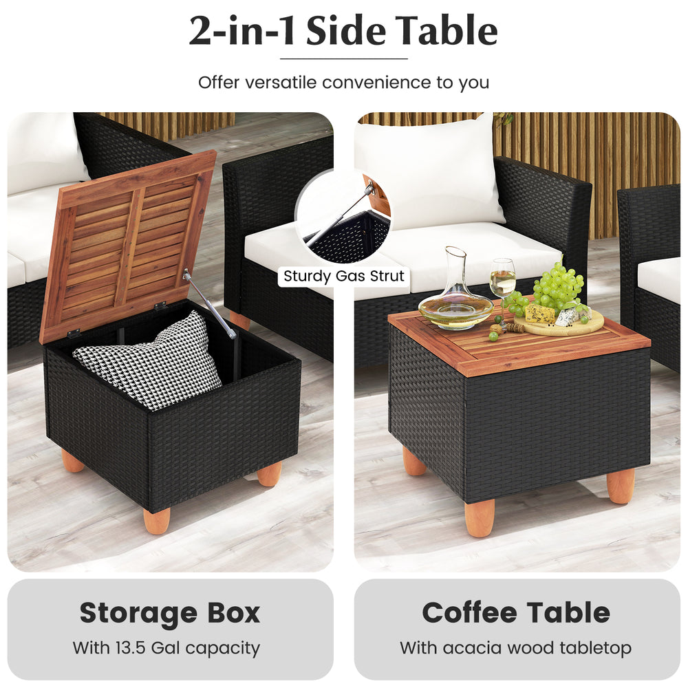 Storage coffee table with acacia wood top and 13.5 gal capacity, perfect for outdoor use in backyard or garden.