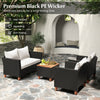 4-piece outdoor conversation set featuring well-woven black PE rattan, white cushions, and a storage coffee table for.