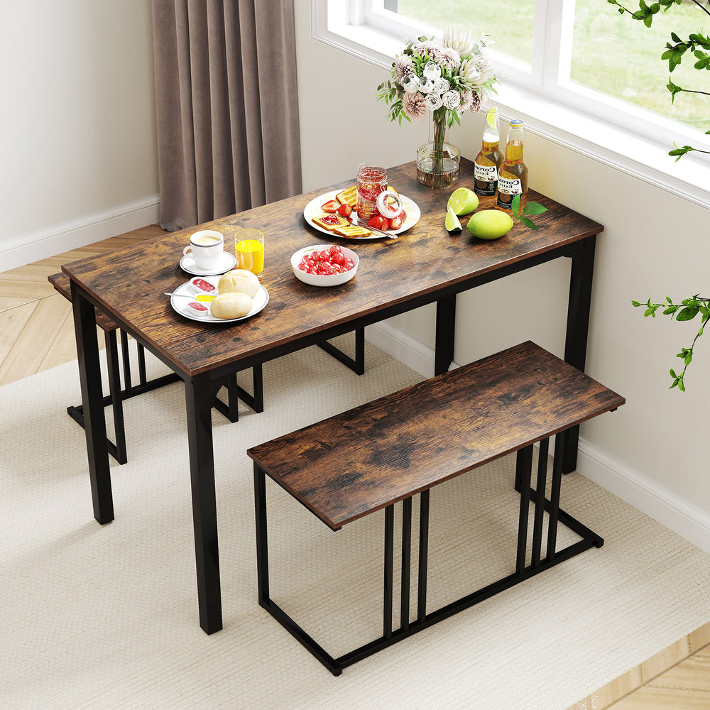 4 Pieces Industrial Dining Table Set with Bench and 2 Stools-Brown - Gallery View 1 of 10