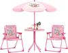 Kids picnic set featuring two pink folding chairs, a height-adjustable umbrella, and a round table for outdoor fun.