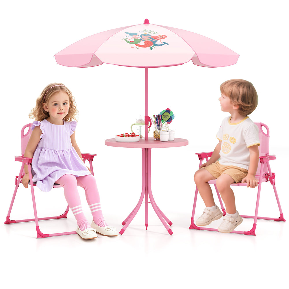 Kids picnic set featuring two pink folding chairs, a table, and an adjustable umbrella for outdoor fun and comfort.