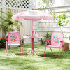 Kids picnic set featuring a pink table, two folding chairs, and an adjustable umbrella for outdoor fun and comfort.