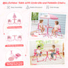 Kids picnic set featuring a pink table, two foldable chairs, and an adjustable umbrella for outdoor fun.