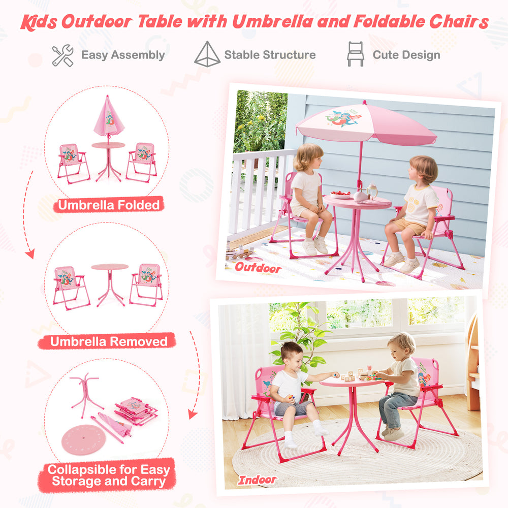 Kids picnic set featuring a pink table, two foldable chairs, and an adjustable umbrella for outdoor fun.