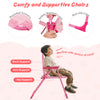 Kids' pink folding chair with supportive backrest and armrest, perfect for outdoor picnics and safe play.