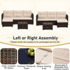 Outdoor furniture set featuring brown PE rattan, thick cushions, and a 32-inch fire pit table for cozy patio relaxation.