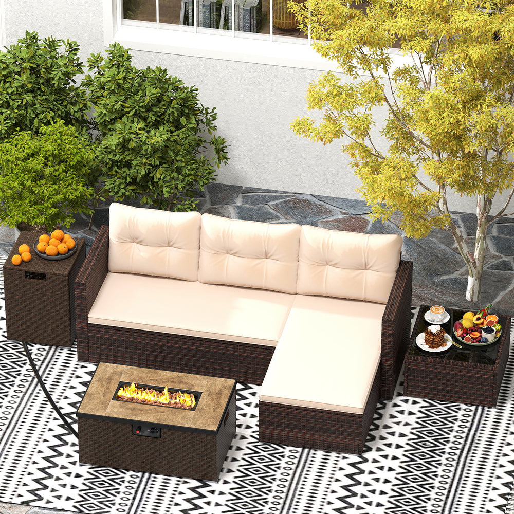 Outdoor furniture set featuring a sectional sofa, fire pit table, and cushions, perfect for patio relaxation.