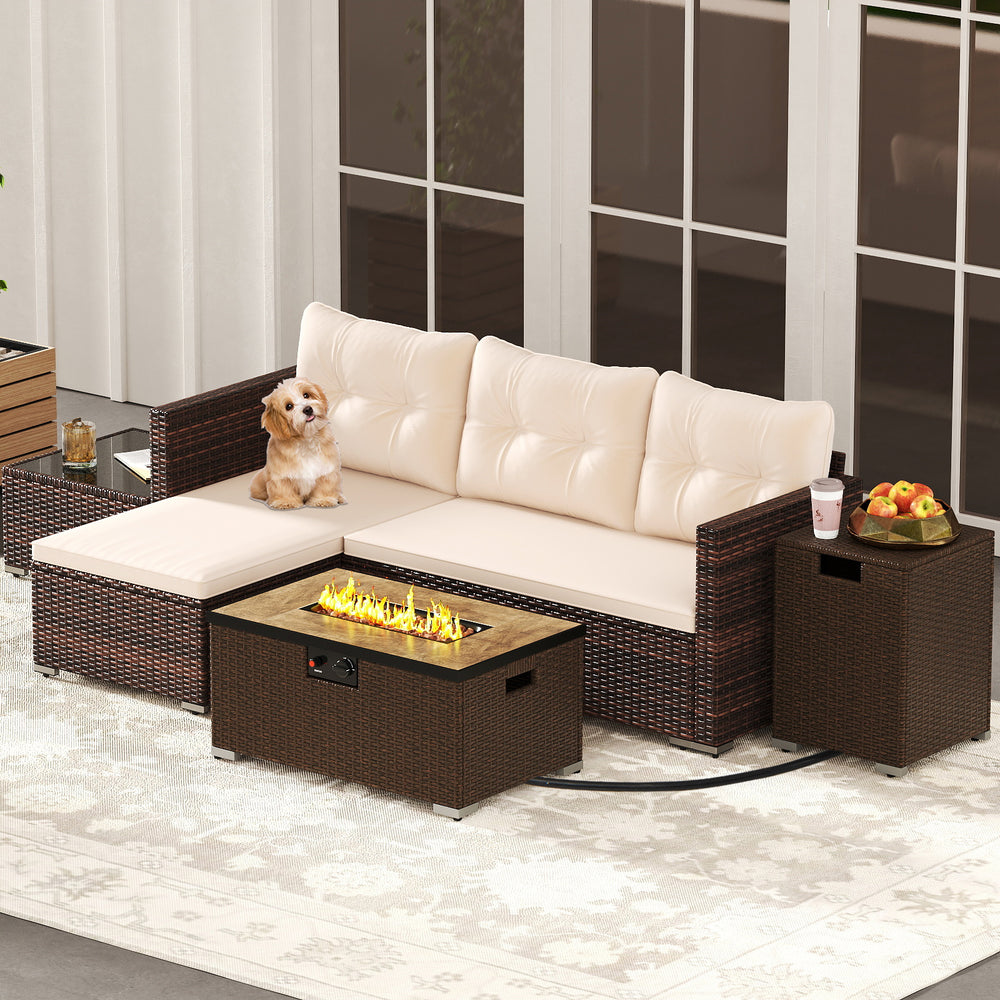 Outdoor furniture set featuring a brown PE rattan sofa with soft cushions and a 32-inch fire pit table for cozy.