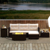Outdoor furniture set featuring a 32-inch fire pit table, brown PE rattan, and soft cushions, perfect for patio.