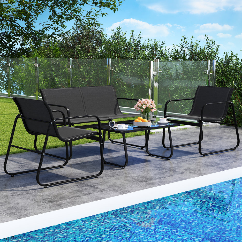 4-piece patio furniture set featuring fabric lawn chairs and loveseat with glass coffee table, perfect for outdoor.