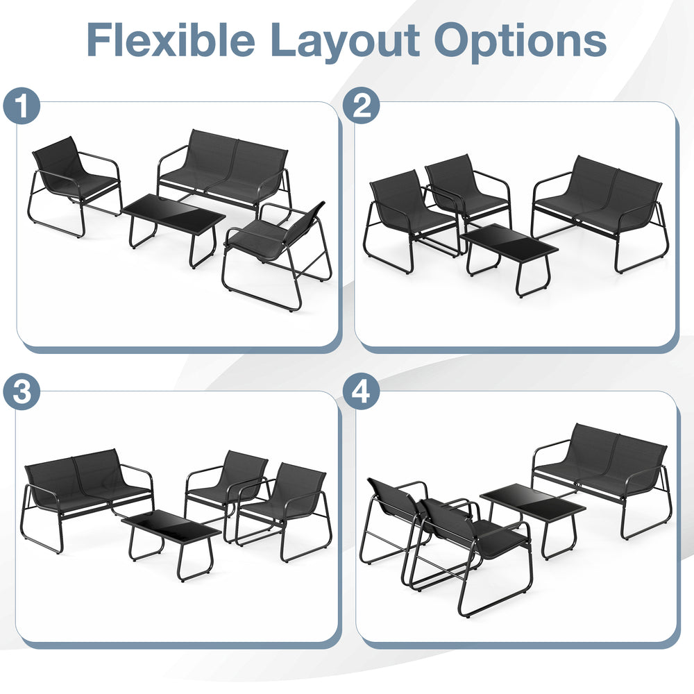 Flexible layout options for the 4 pieces patio furniture set with fabric chairs, loveseat, and glass coffee table.