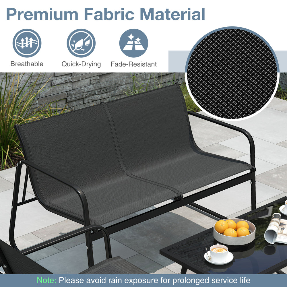 Patio loveseat with breathable fabric, ergonomic design, and robust metal frame, perfect for outdoor relaxation.